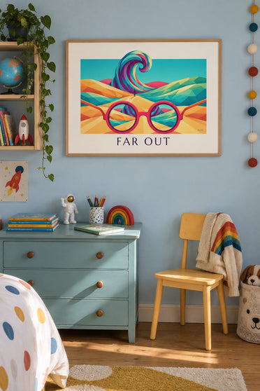Poster of psychedelic sunglasses and a cosmic landscape: framed on the wall