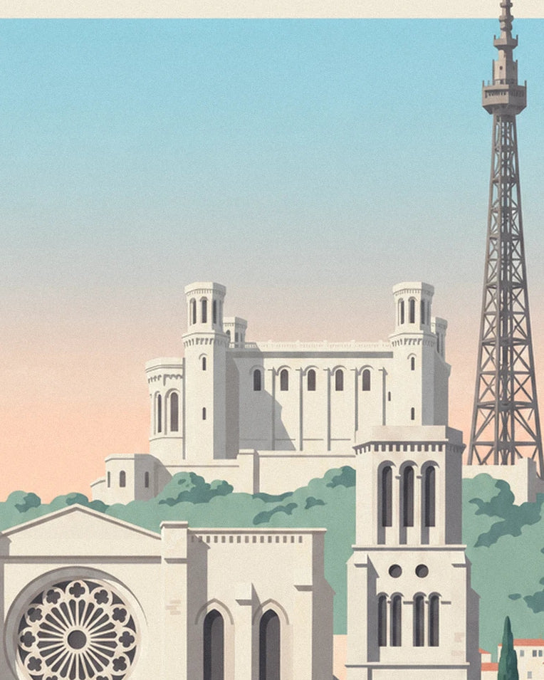 Affiche cathédrale Saint-Jean et quais de Saône à Lyon : détail en gros plan