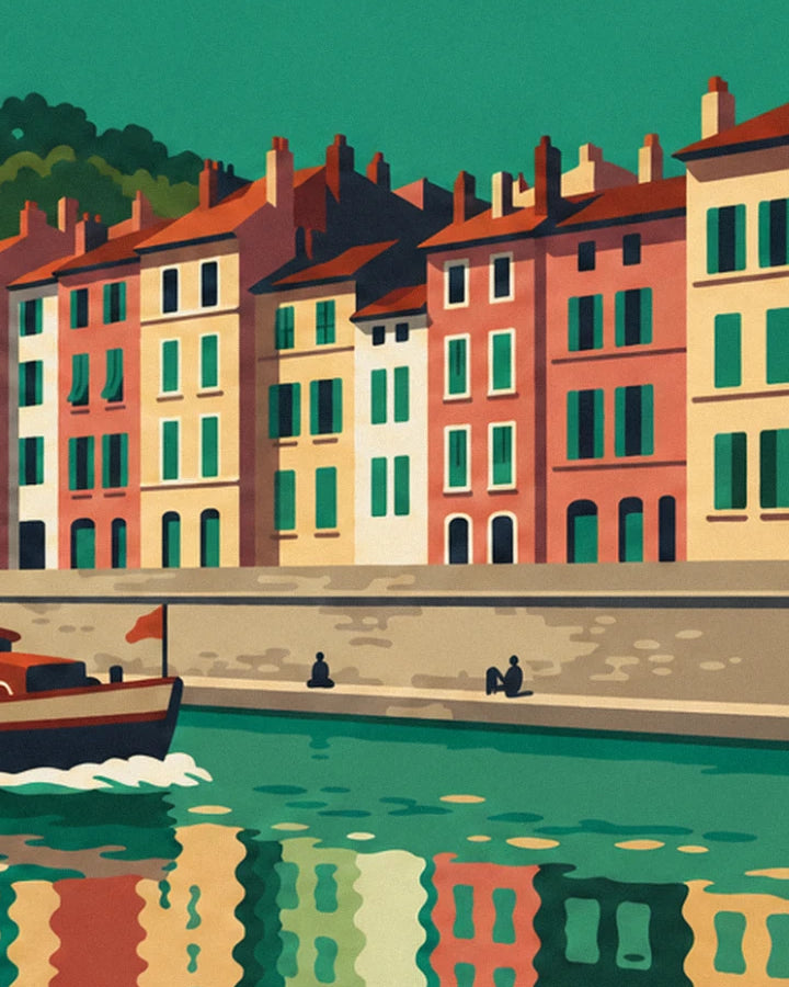 The pink, ochre and cream façades with green shutters, beside the water and its reflections