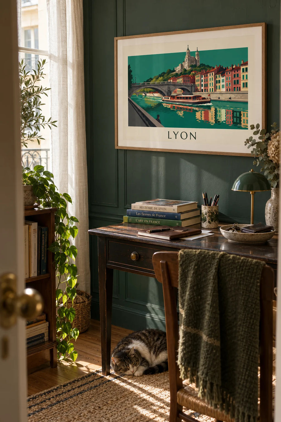 Poster of a boat under a bridge on the Saône and Old Lyon: framed on the wall
