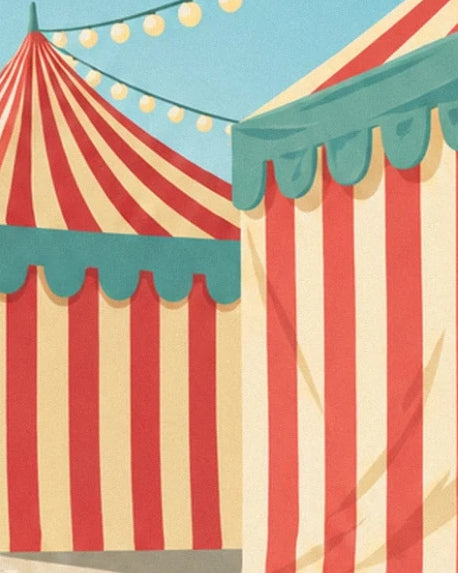 The red and cream striped marquees, with turquoise scalloped trims and garlands