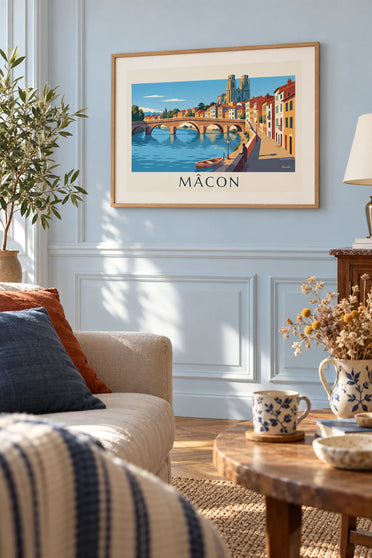 Poster Pont Saint-Laurent en okerkleurige gevels in Mâcon: ingelijst aan de muur