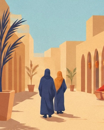 Les 2 silhouettes en bleu et ocre dans l’allée ensoleillée bordée de plantes en pots