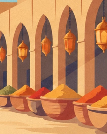 Les coupes d’épices multicolores alignées sous les arcades aux lanternes dorées