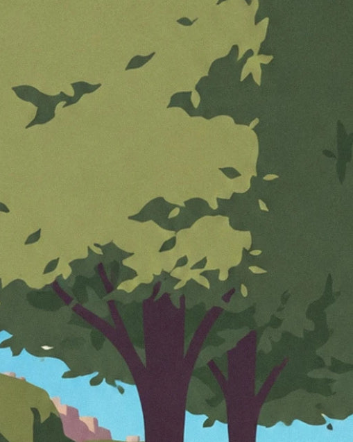 The purple trunks and olive-green foliage of the trees, with glimpses of blue sky