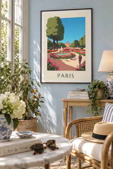 Poster des blühenden Jardin des Tuileries und des Louvre: gerahmt an der Wand
