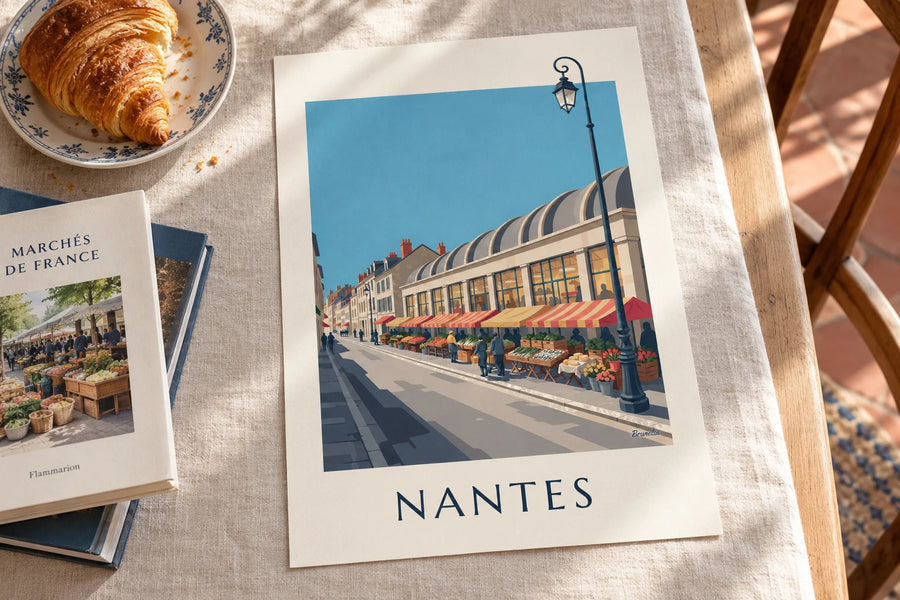 Affiche marché de Talensac à Nantes un dimanche matin : posée sur une table