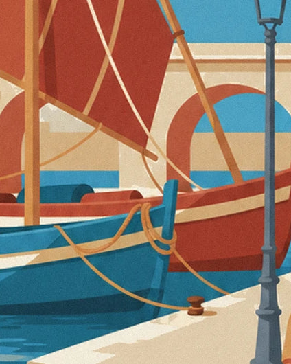 Die blauen und roten Boote, ihre Taue und die roten Segel vor der Brücke