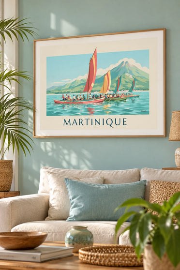 Affiche yoles rondes en course au large de la Martinique : encadrée au mur
