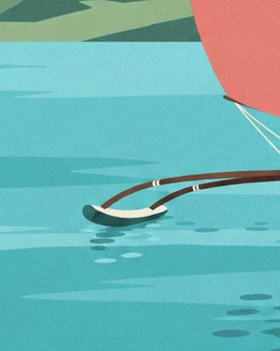 Der grün-weiße Schwimmer, der mit 2 langen braunen Stangen mit dem Boot verbunden ist