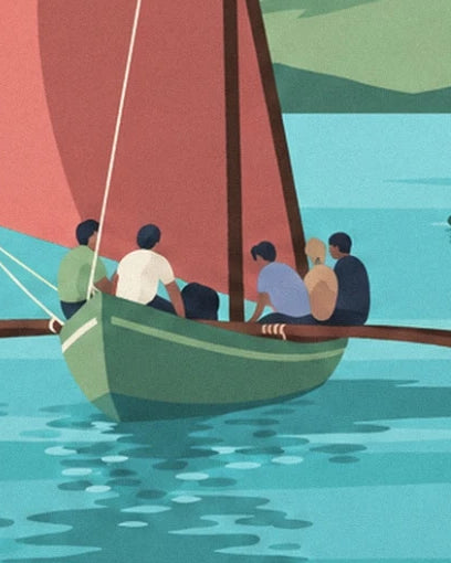 Die Crew des grünen Boots unter ihrem roten Segel auf türkisfarbenem Wasser