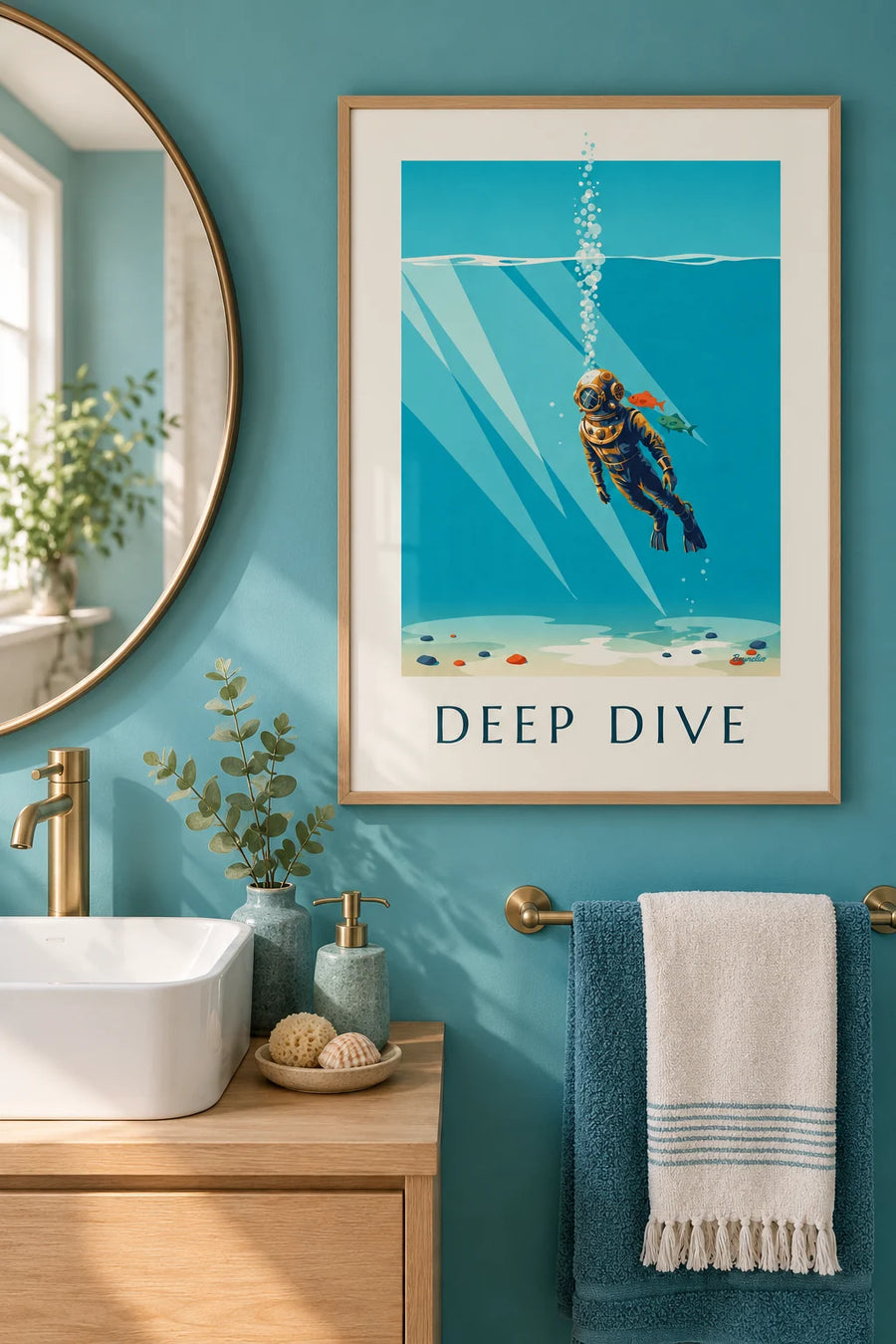 Affiche scaphandrier au casque de cuivre plongeant dans la mer : encadrée au mur
