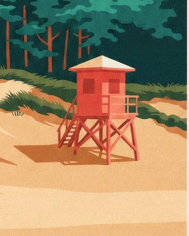 The red hut on stilts, its steps and balcony in front of the pine forest