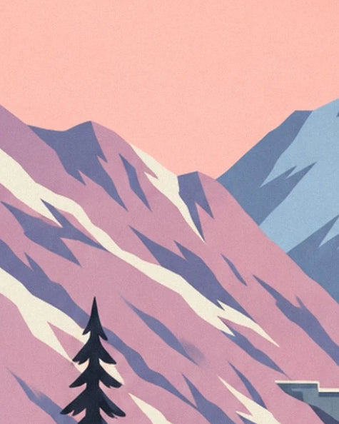 Un petit sapin sur la pente rose et mauve, sous un ciel de coucher de soleil