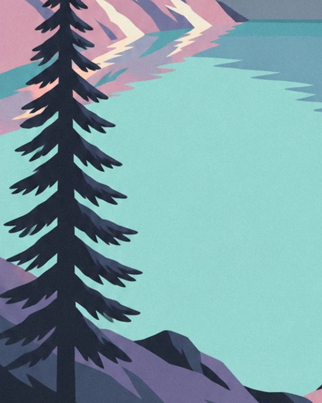 Le grand sapin sombre au bord du lac turquoise et ses reflets roses