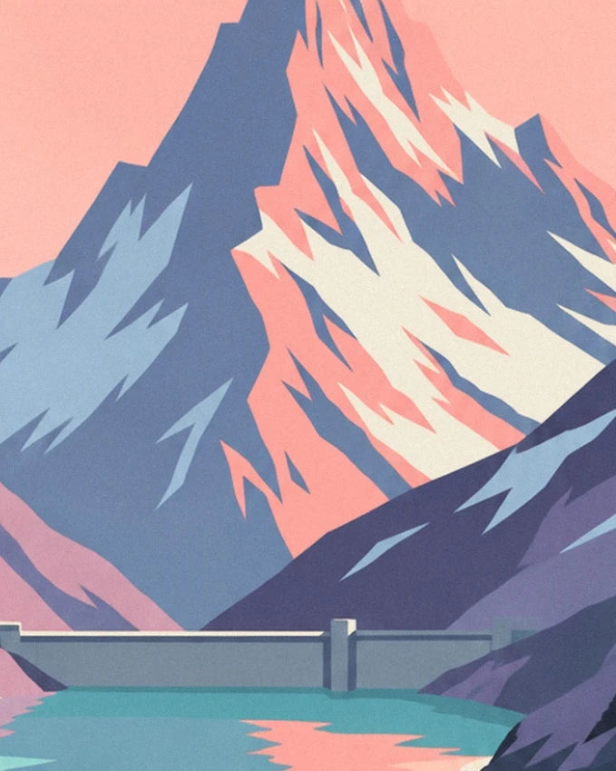 Le sommet rose et bleu au-dessus du barrage gris, au bord du lac
