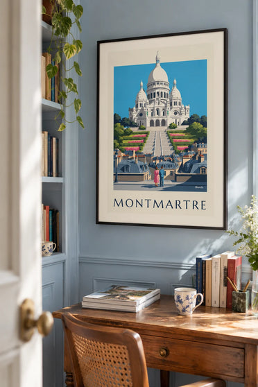 Poster Sacré-Cœur op de heuvel van Montmartre en daken van Parijs: ingelijst aan de muur