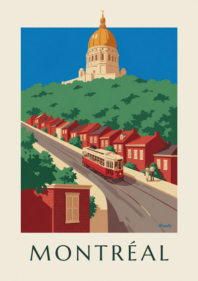 Affiche tramway rouge montant vers l'oratoire Saint-Joseph : l'affiche entière