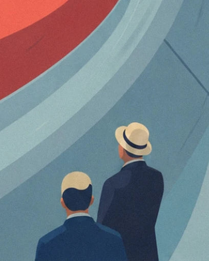 Les 2 spectateurs en costume bleu, l'un coiffé d'un canotier, face à la courbe du banking