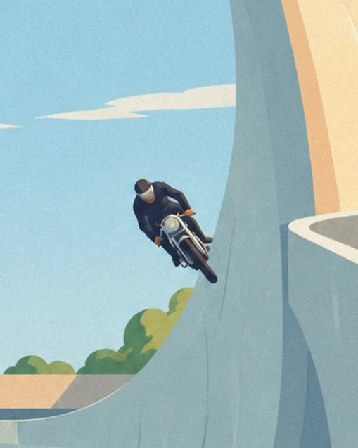 Le motard en combinaison sombre penché à pleine vitesse sur la courbe de béton bleu-gris