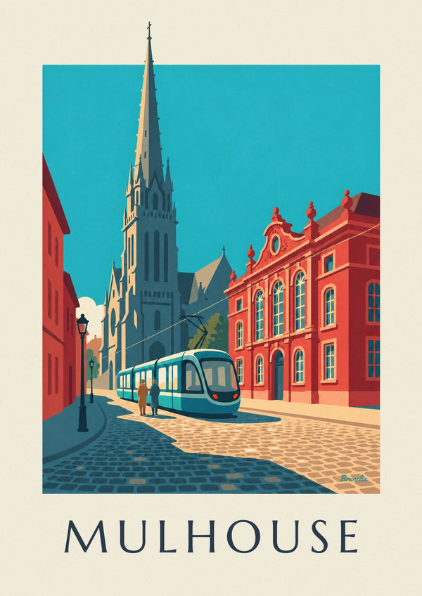 Affiche tramway et hôtel de ville de Mulhouse, place de la Réunion