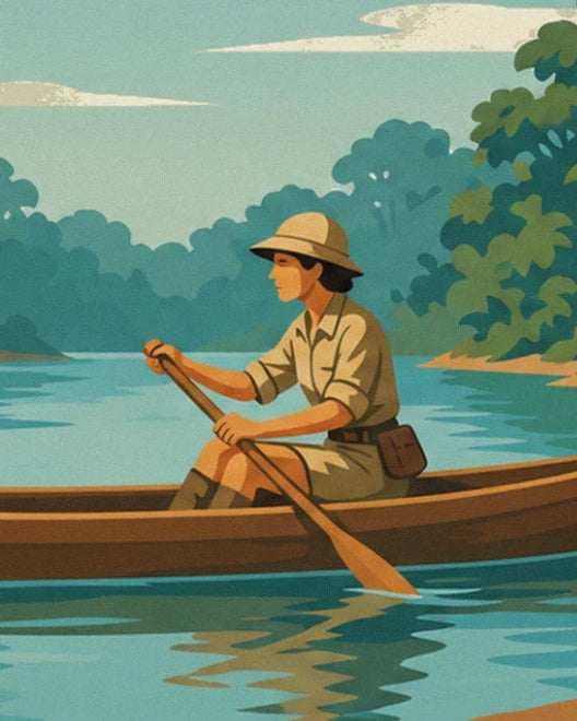 The explorer in a beige hat paddling her dugout canoe on the Amazon river