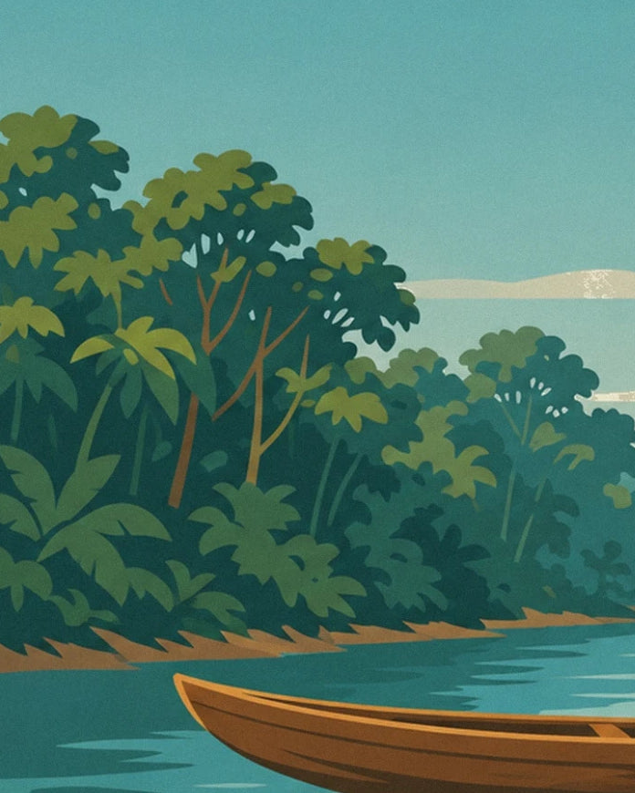 The wooden bow of the dugout canoe in front of the dense forest and turquoise waters