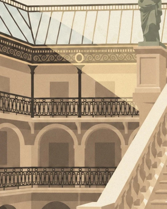 Glass roof, wrought iron balconies and stone balustrade in golden light