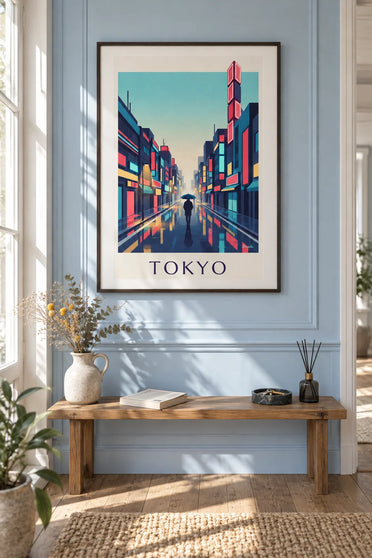 Poster regenachtige nacht en neonlicht in de wijk Shinjuku in Tokio: ingelijst aan de muur