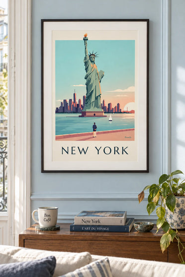Poster Vrijheidsbeeld bij zonsondergang: ingelijst aan de muur