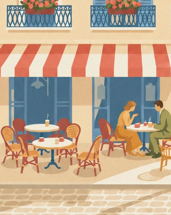 Ein Paar sitzt auf einer Café-Terrasse unter der rot-creme gestreiften Markise