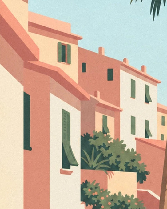 Cream and ochre façades with green shutters, between pink rooftops and foliage