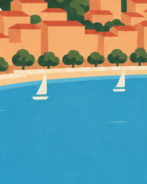 La baie bleue avec ses 2 voiliers blancs, la plage de sable et la rangée d'arbres ronds