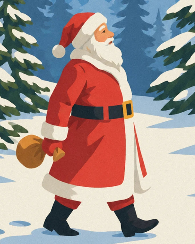 Father Christmas in a red coat, carrying his sack of presents through the snow