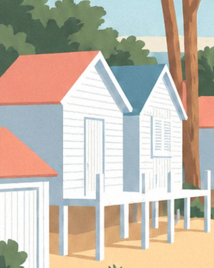 The white huts on stilts, with coral and blue roofs, among the pines