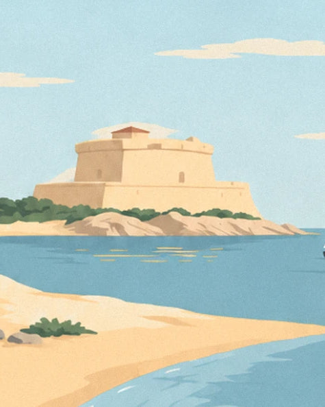 The ochre building on its rocky headland, beyond the bay and golden sand