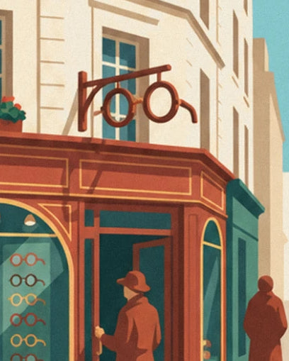 Customer in a rust-coloured coat and hat pushing open the door beneath the glasses-shaped sign