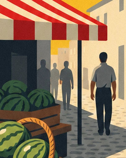 Les passants dans l'allée du marché, près des pastèques et du store rayé rouge et crème