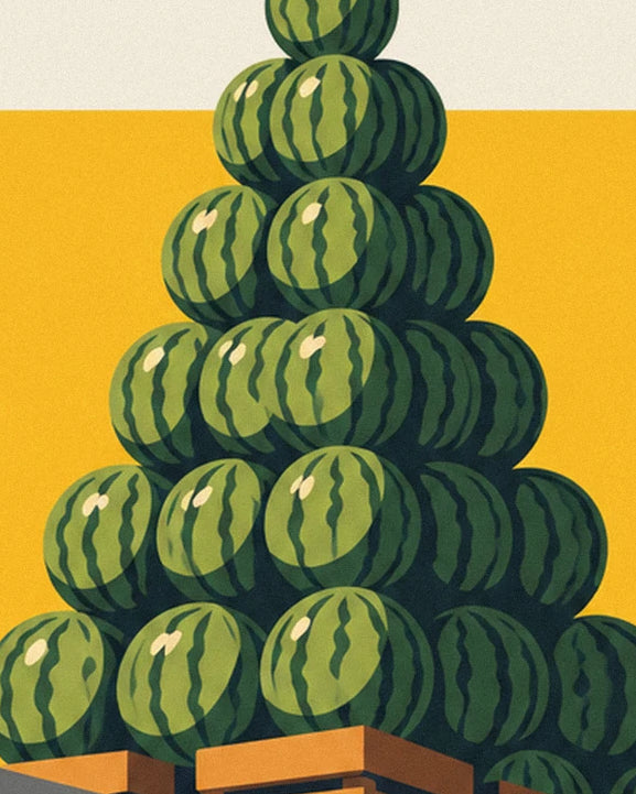 La pyramide de pastèques vertes striées sur le fond jaune du marché