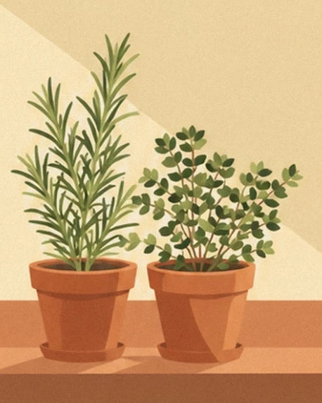 The 2 terracotta pots of herbs on an orange ledge
