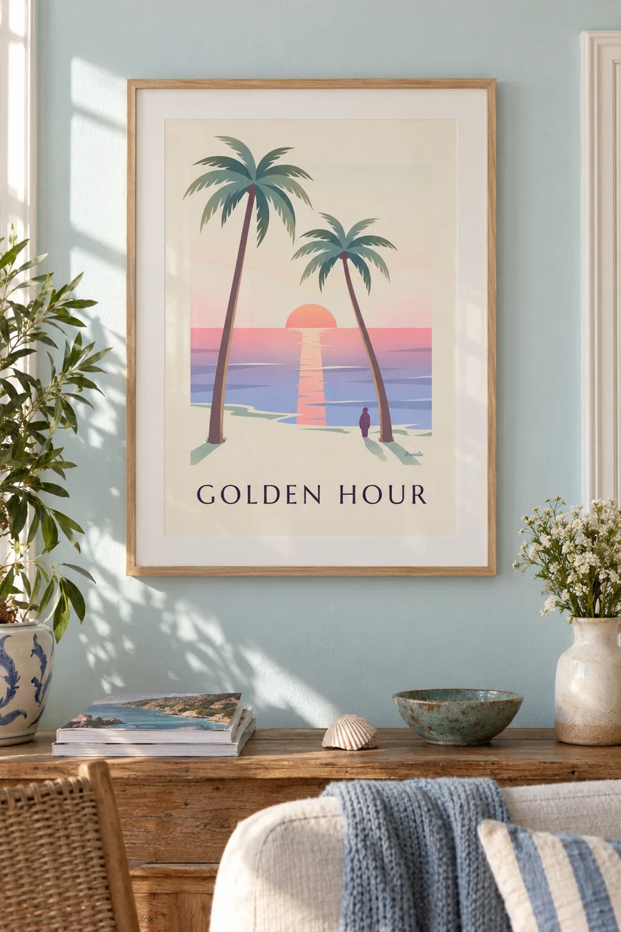 Poster Palmen im Sonnenuntergang an einem tropischen Strand: gerahmt an der Wand