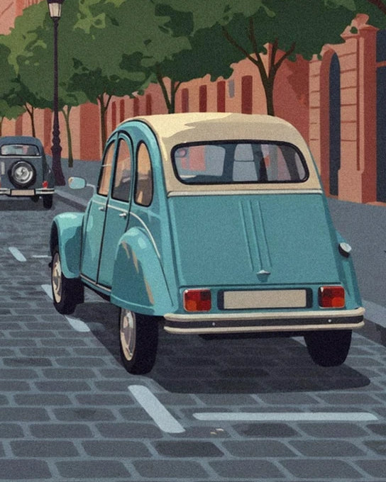 The blue 2CV seen from behind, with a cream soft top, on grey cobbles lined with trees