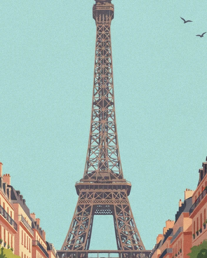 The tour Eiffel rising into the turquoise sky, between 2 rows of ochre buildings, with 2 birds