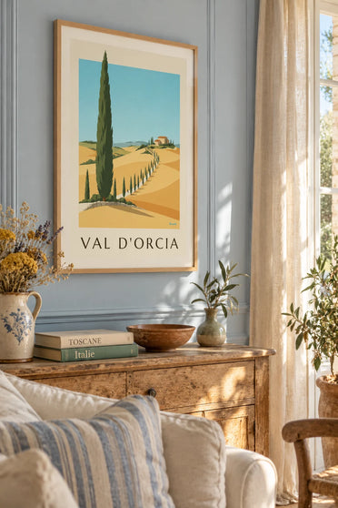 Poster heuvels van de Val d'Orcia en cipressen in Toscane: ingelijst aan de muur