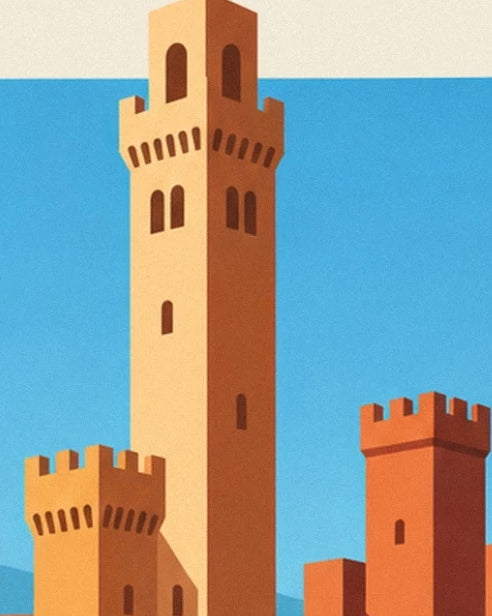 The ochre towers with battlements and narrow windows against the blue sky of San Gimignano