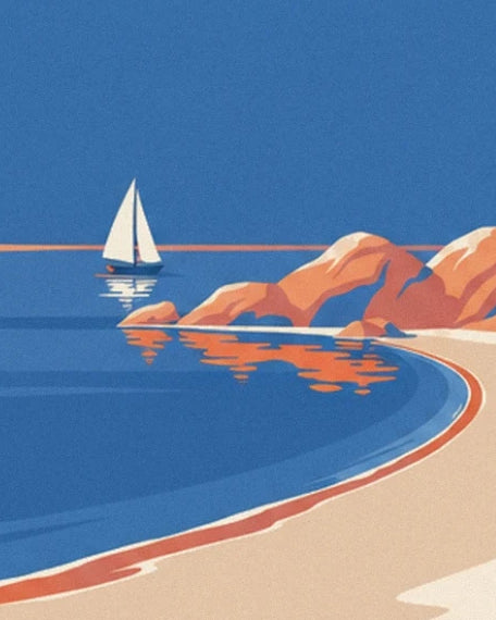 The white sailing boat near the orange rocks and the crescent-shaped beach