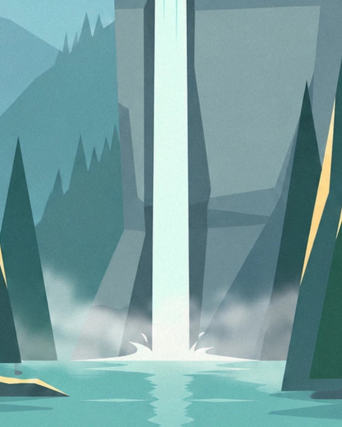 The waterfall plunging into a turquoise lake, between grey cliffs and dark fir trees