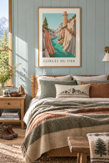 Poster van de loopbrug in de Gorges du Fier en kasteel van Montrottier: ingelijst aan de muur