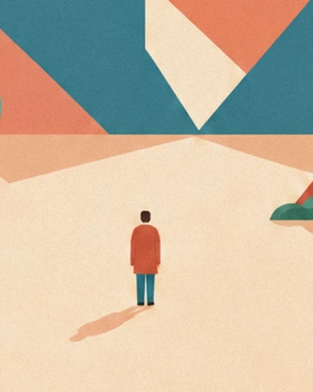 A figure in a red jacket and blue trousers facing the geometric mountains