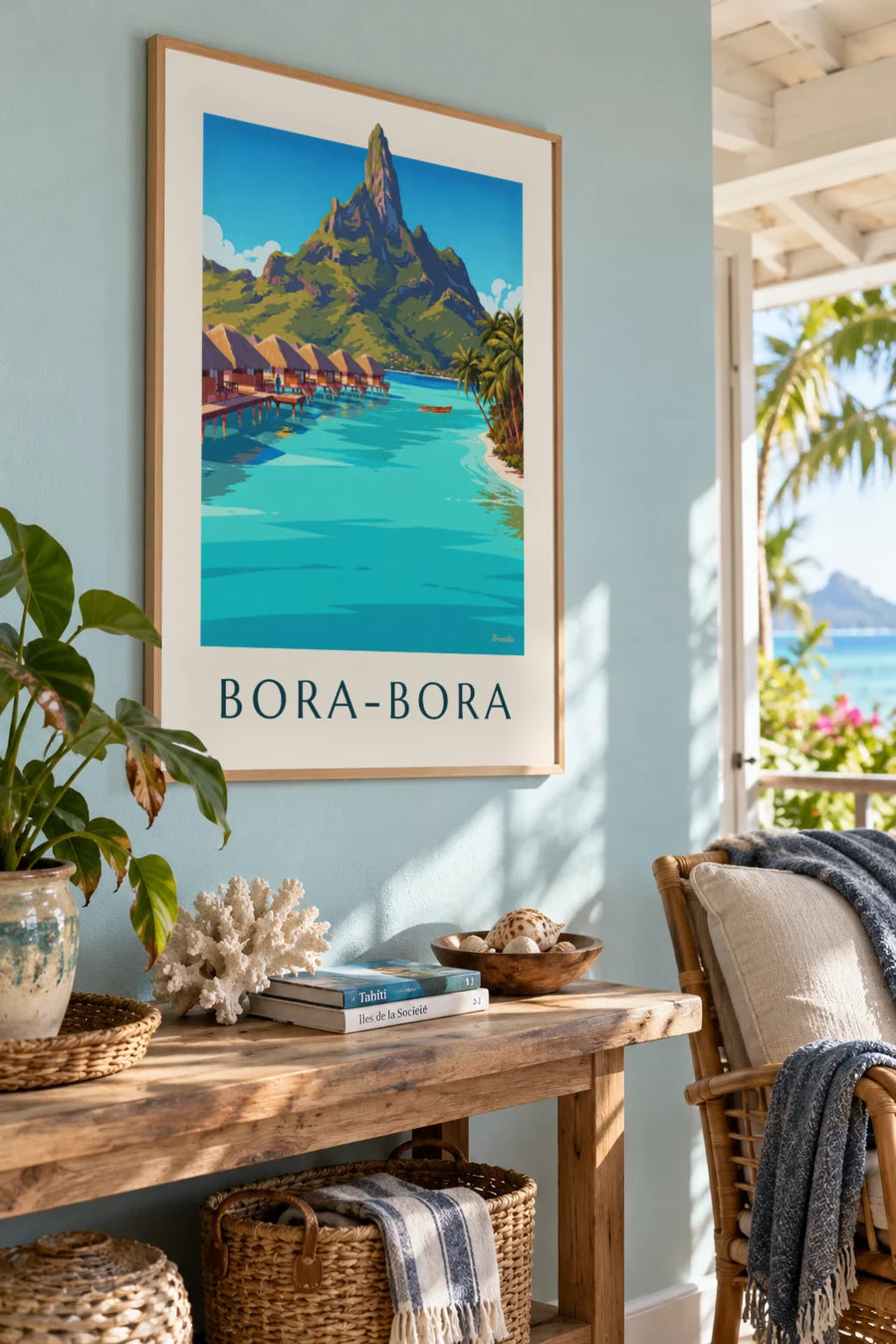 Poster Lagune von Bora-Bora, Bungalows und Mont Otemanu: gerahmt an der Wand